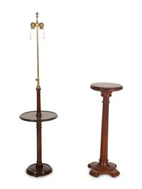 A Mahogany Two Light Floor Lamp with Table Shelf and a Jardinière Stand