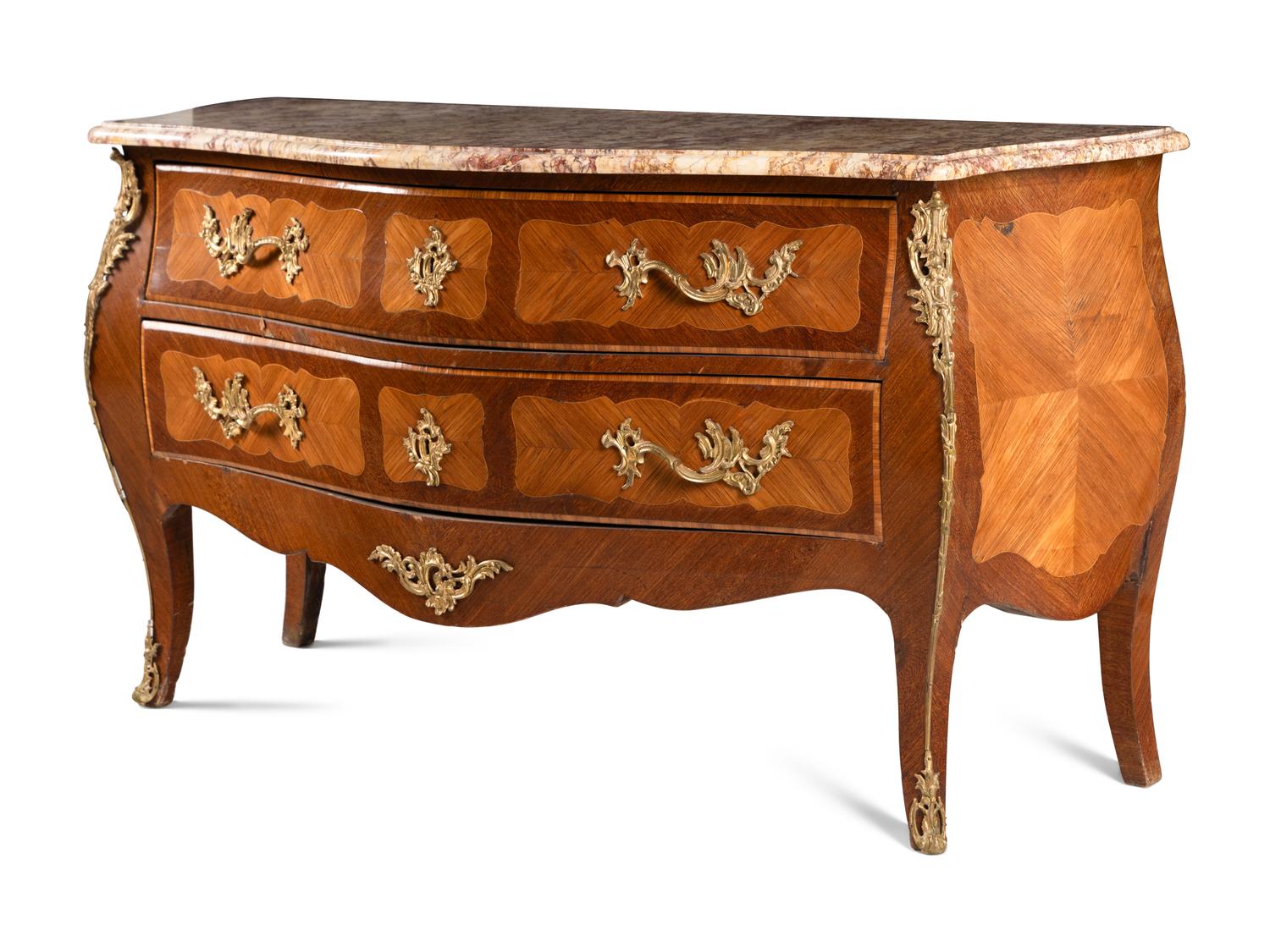 A Louis XV Style Gilt Bronze Mounted Kingwood and Tulipwood Marble-Top Commode