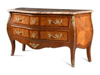A Louis XV Style Gilt Bronze Mounted Kingwood and Tulipwood Marble-Top Commode