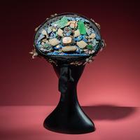 A Chinese Pearl, Jadeite, and Hardstone Ornamented Court Headdress, Dianzi, with Headband, Box, and Four Hairpins, 19th Century 清晚期 珠翠鈿子及遮眉勒一套