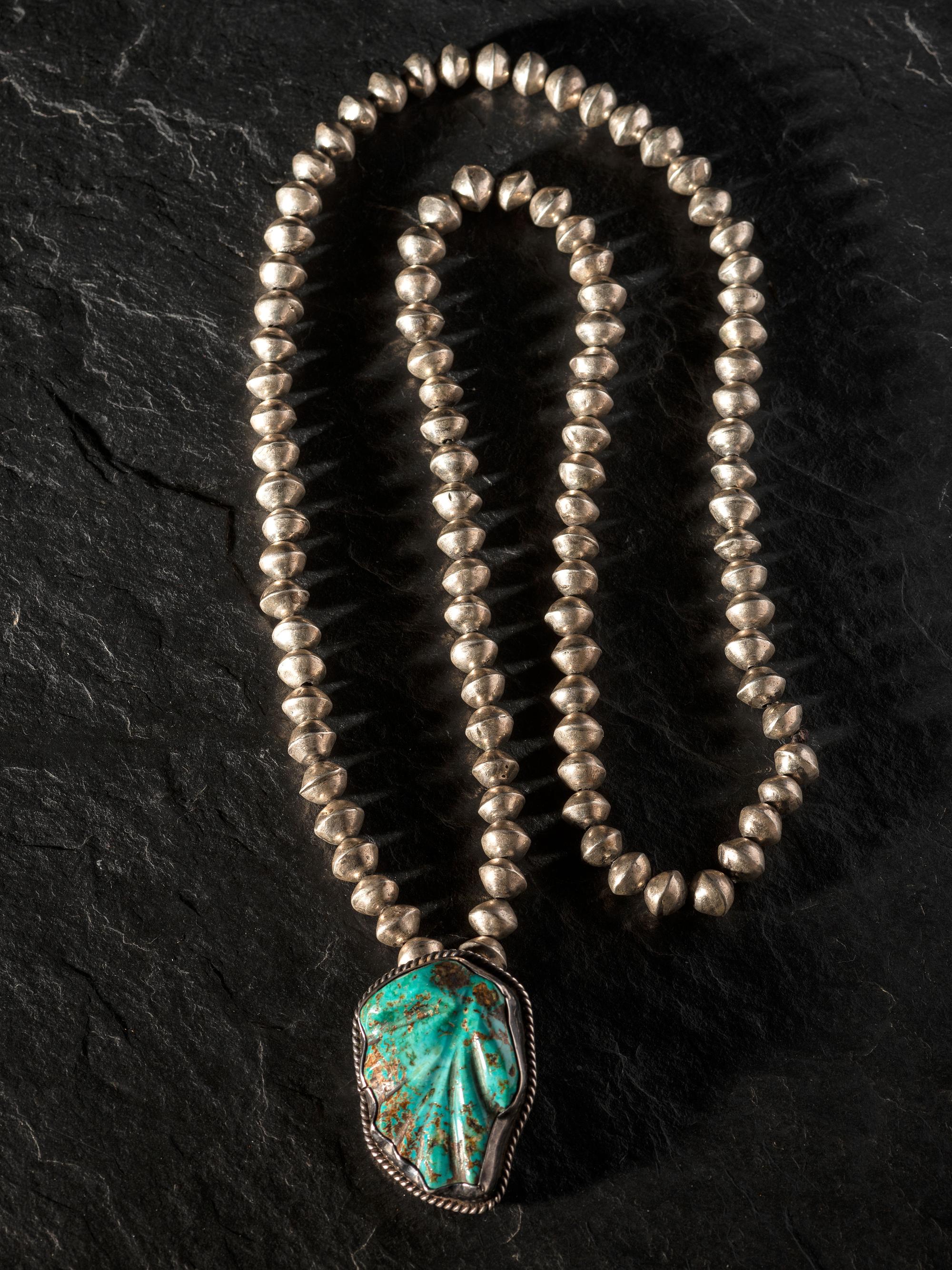 Silver and Carved Turquoise Leaf Pendant / Pin, with Silver Bead Necklace