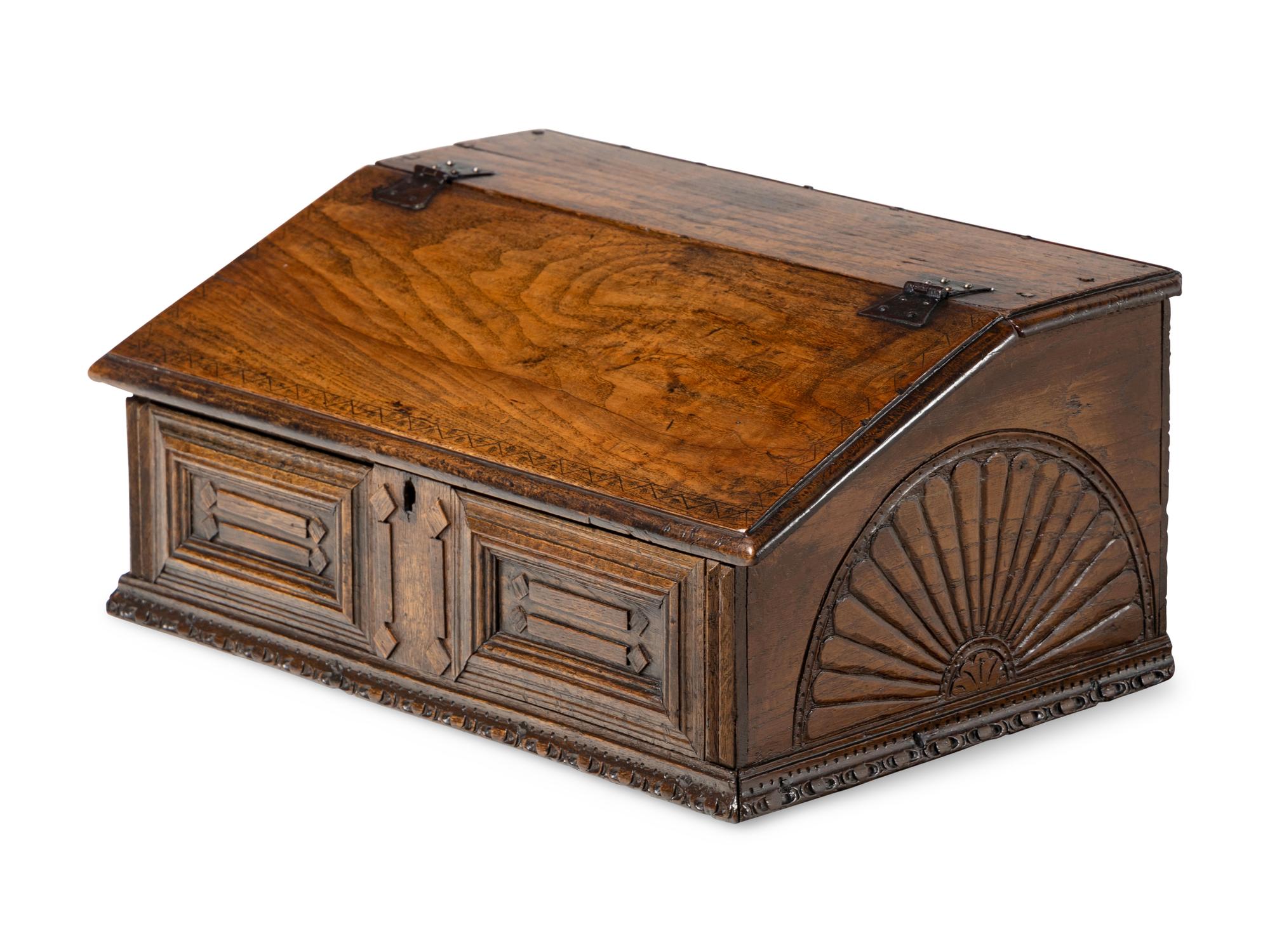 An English Carved Oak Slope-Lid Table Box