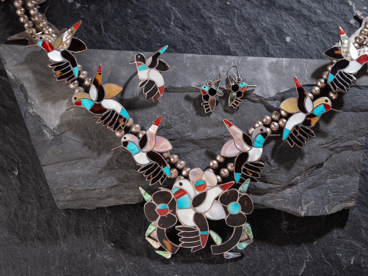 Zuni Channel Inlay Hummingbird Squash Blossom Suite