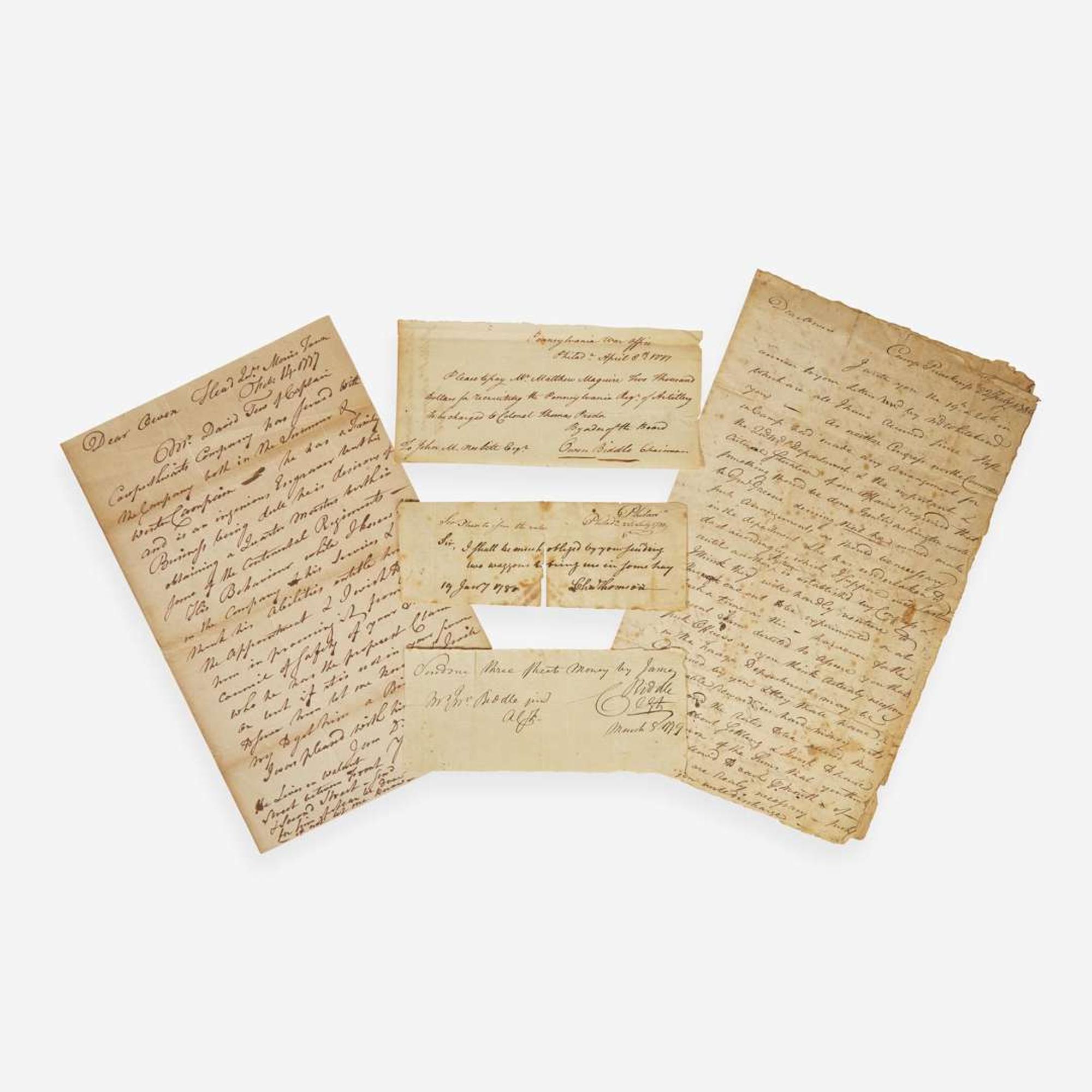 [Americana] Biddle, Clement, and Owen Biddle, and Charles Thomson Group of 5 Documents, signed