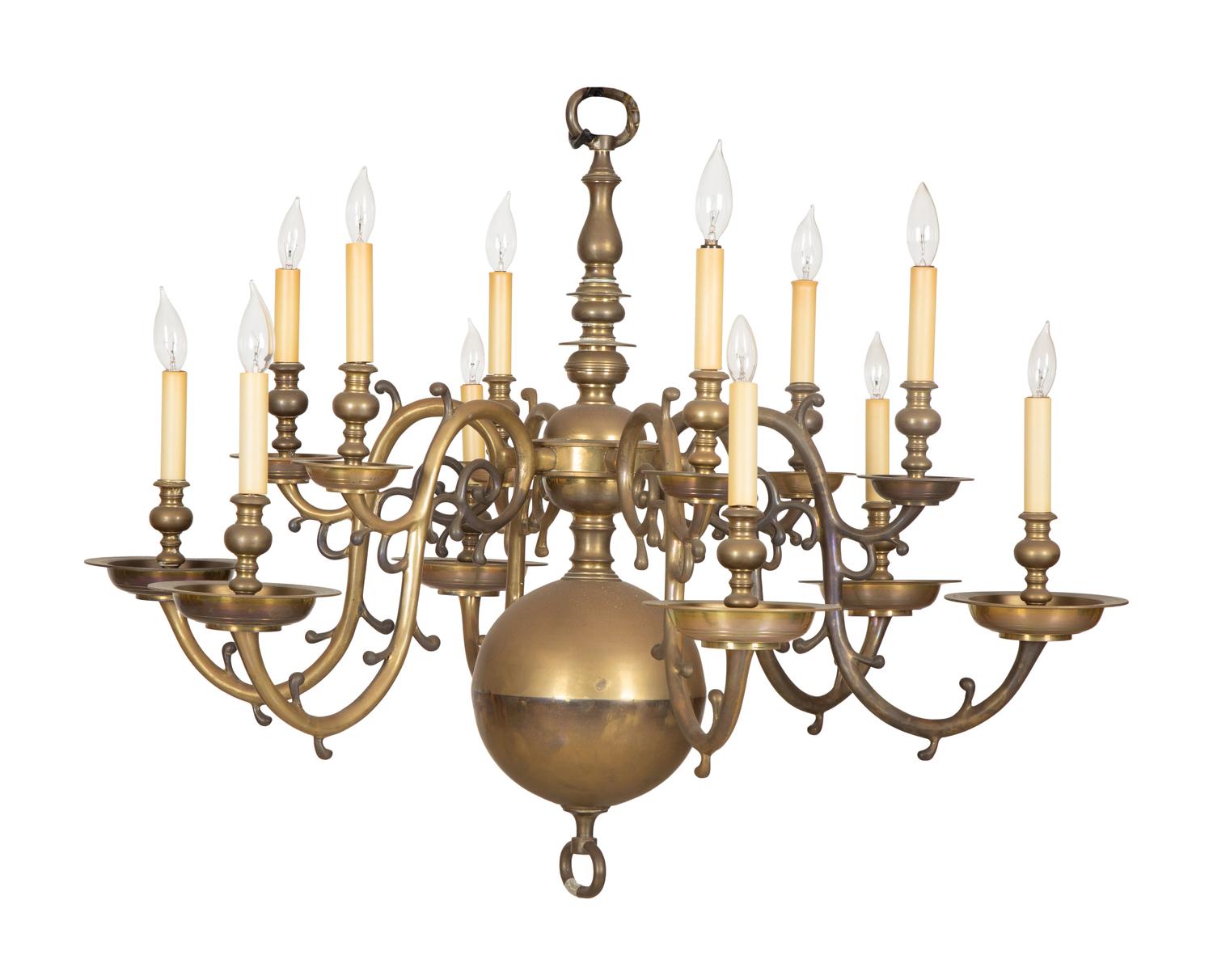 A Baroque Style Brass Twelve-Light Chandelier