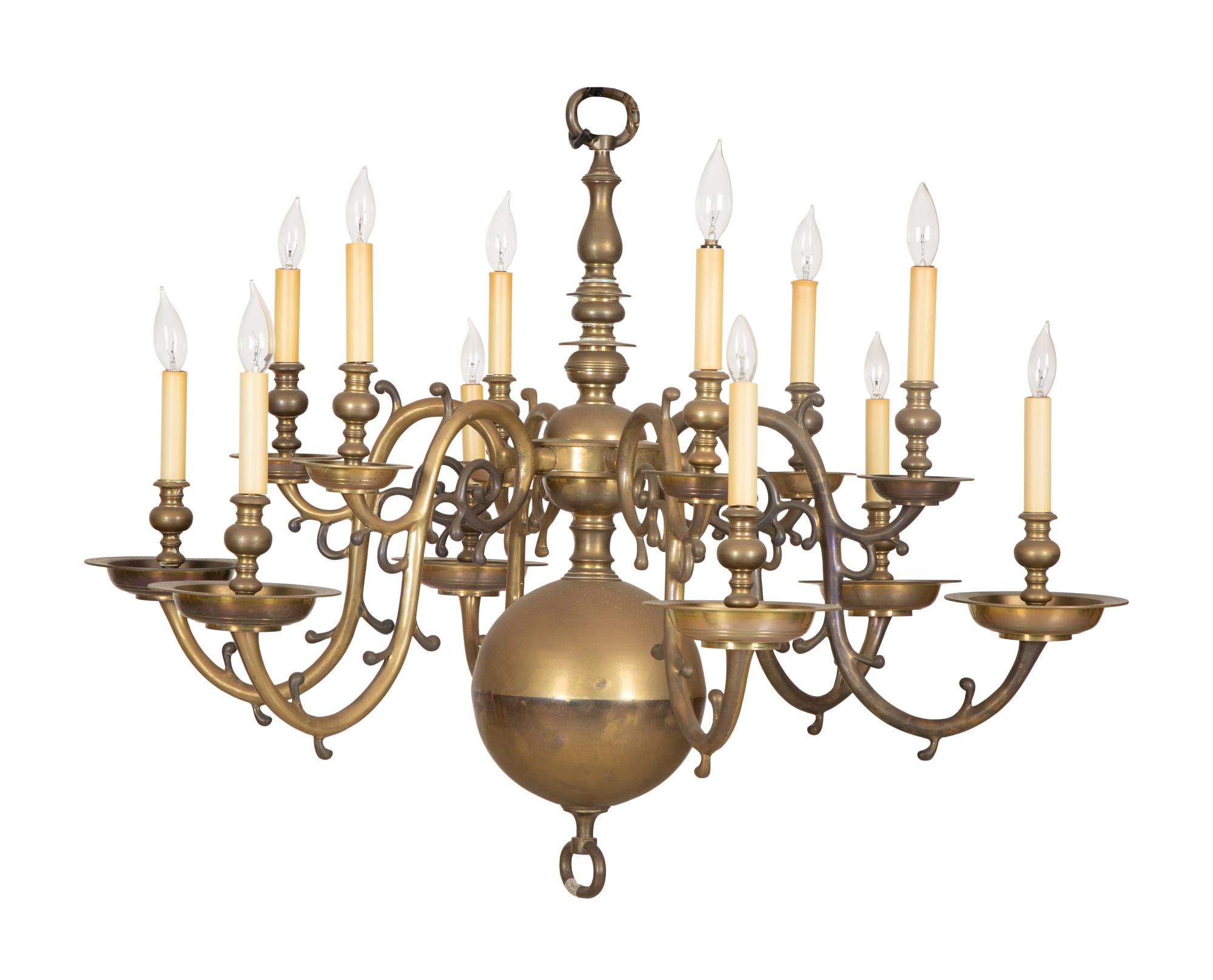 A Baroque Style Brass Twelve-Light Chandelier