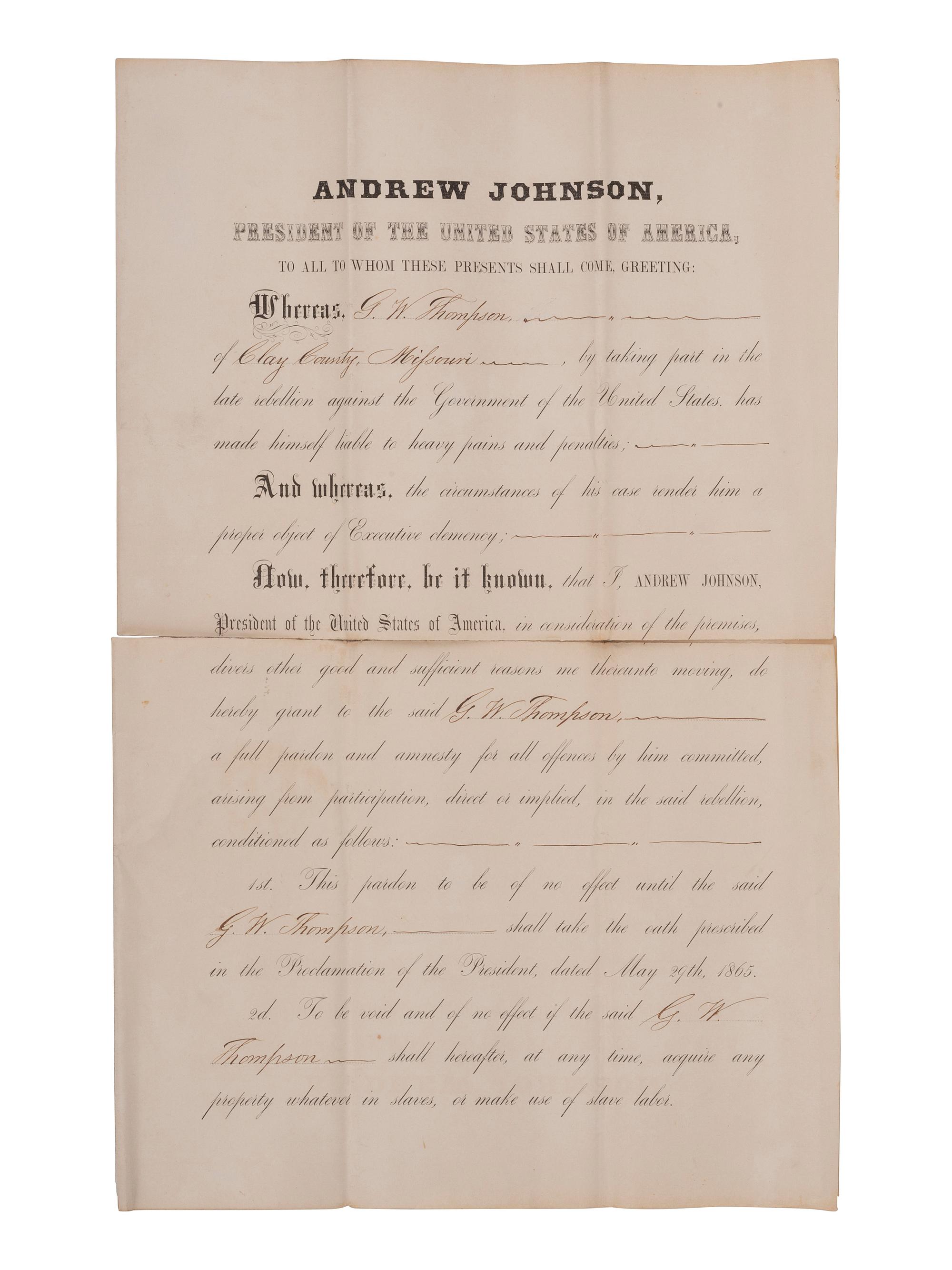 [CIVIL WAR] -- [RECONSTRUCTION] -- JOHNSON, Andrew (1808-1875). A group of three pardons stamp-signed by President Andrew Johnson, two granting amnesty to men associated with Confederate guerillas from Clay County, Missouri.