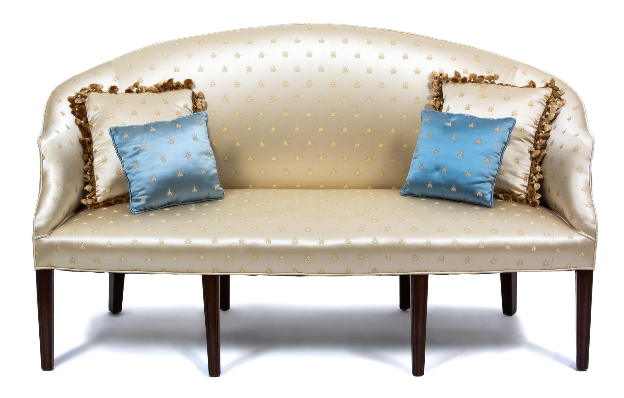 A George III Style Mahogany Upholstered Settee Height 35 1/4 x length 61 inches. — 20TH CENTURY
