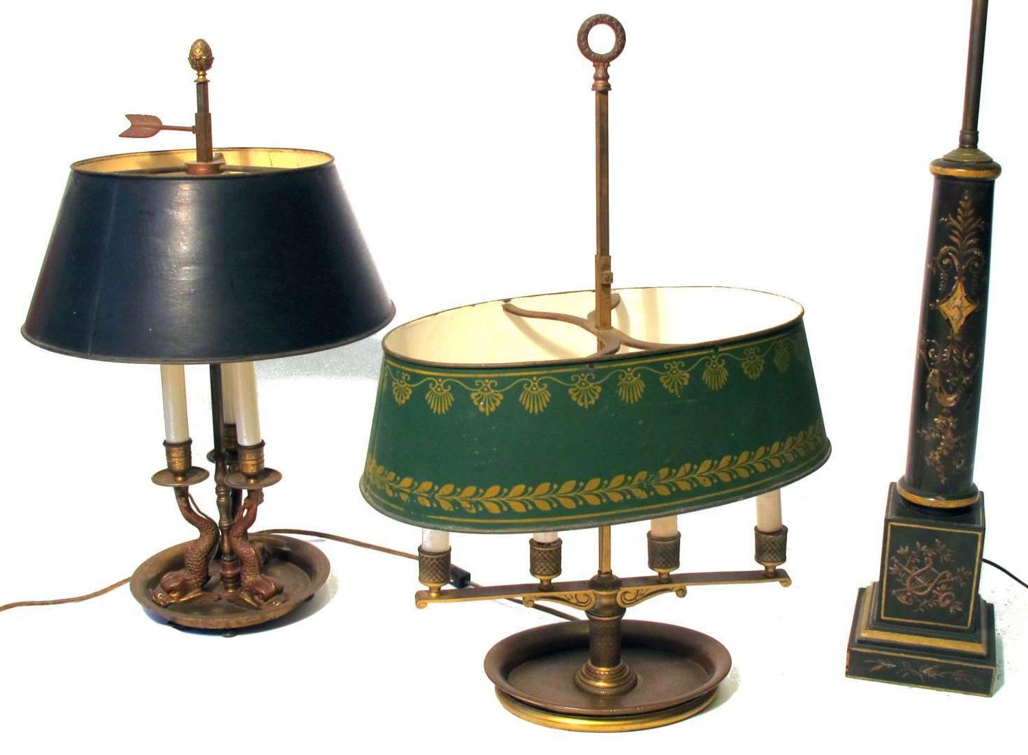 Three patinated metal or painted table lamps