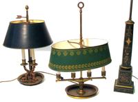 Three patinated metal or painted table lamps