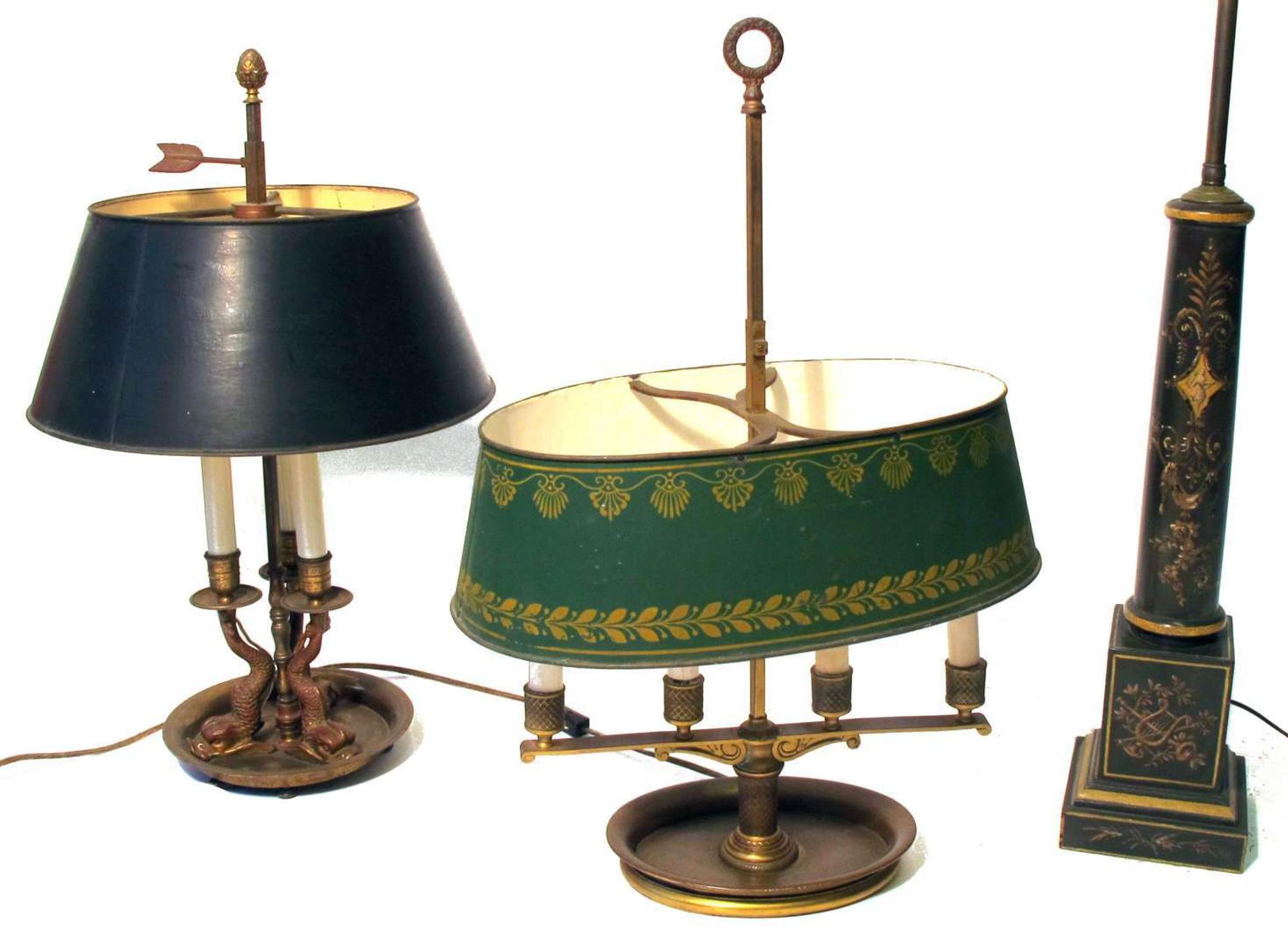 Three patinated metal or painted table lamps
