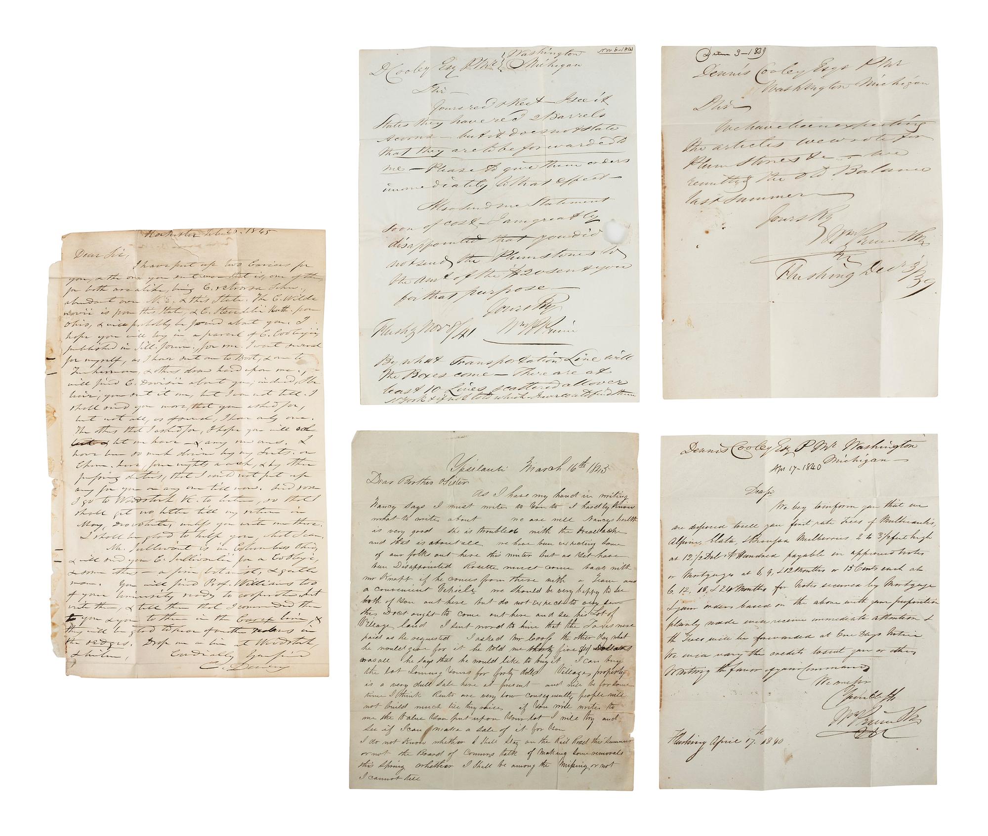[GENERAL AMERICANA]. A group of 19th century letters and legal documents, highlighted by correspondence with Dr. Dennis Cooley (1789-1860), noted botanist and Postmaster at Washington, Macomb County, Michigan.