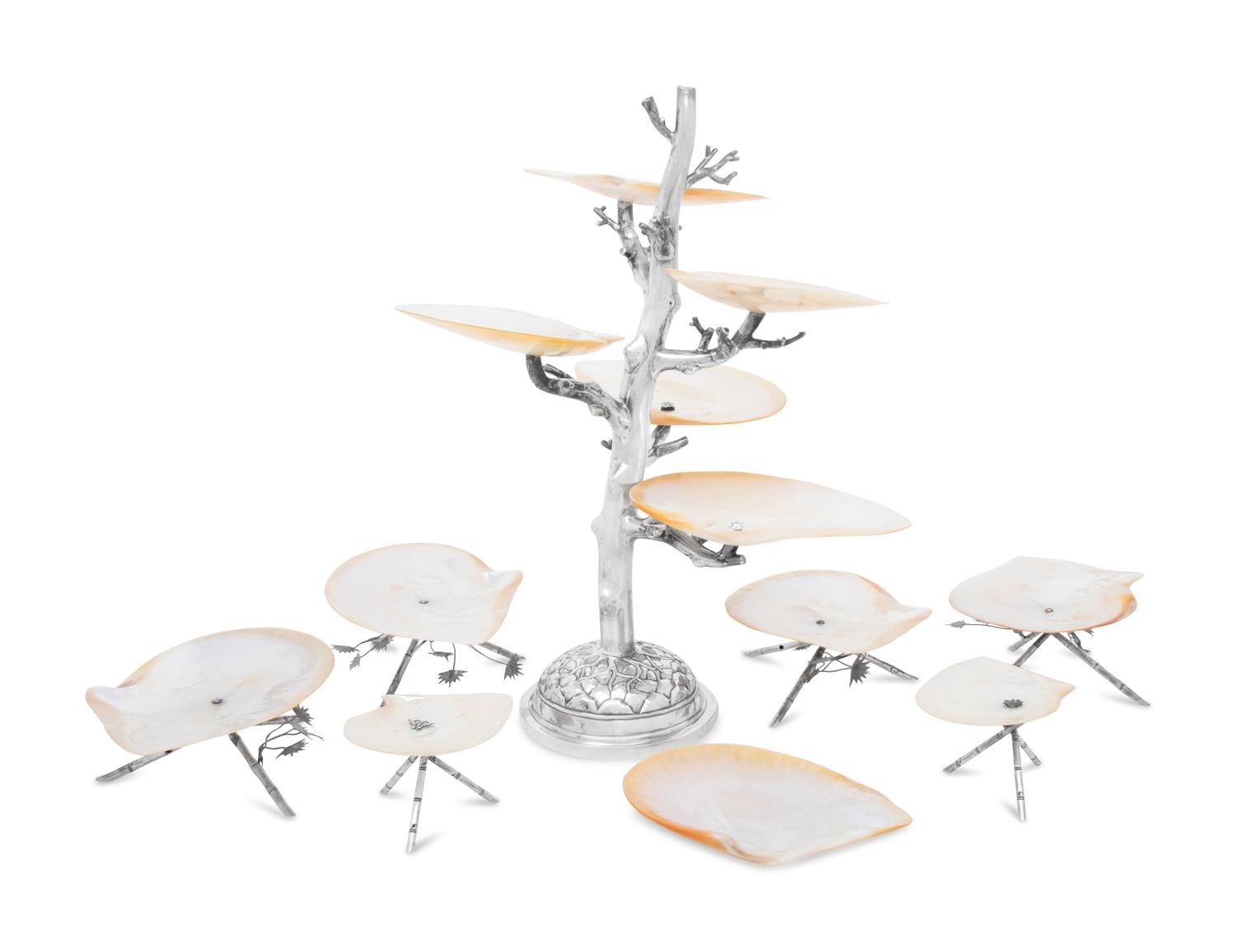 A Chinese Export Silver and Mother-of-Pearl Table Garniture