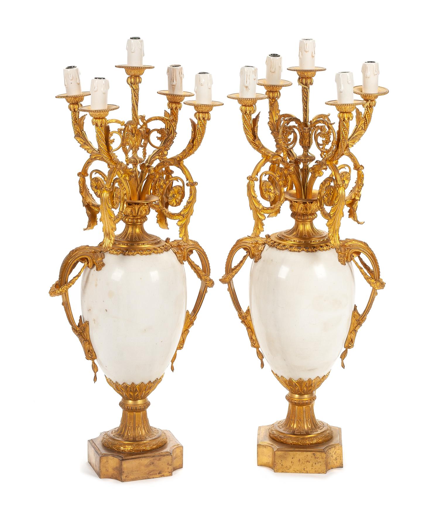 A Pair of Louis XV Style Marble and Gilt Bronze Five-Light Candelabra Height overall 36 inches. — LATE 19TH/EARLY 20TH CENTURY