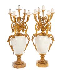 A Pair of Louis XV Style Marble and Gilt Bronze Five-Light Candelabra Height overall 36 inches. — LATE 19TH/EARLY 20TH CENTURY