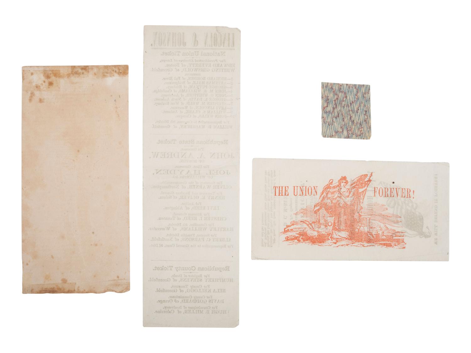 [LINCOLNIANA]. 4 items, incl. Lincoln and Johnson electoral tickets for California, Iowa, and Mass.