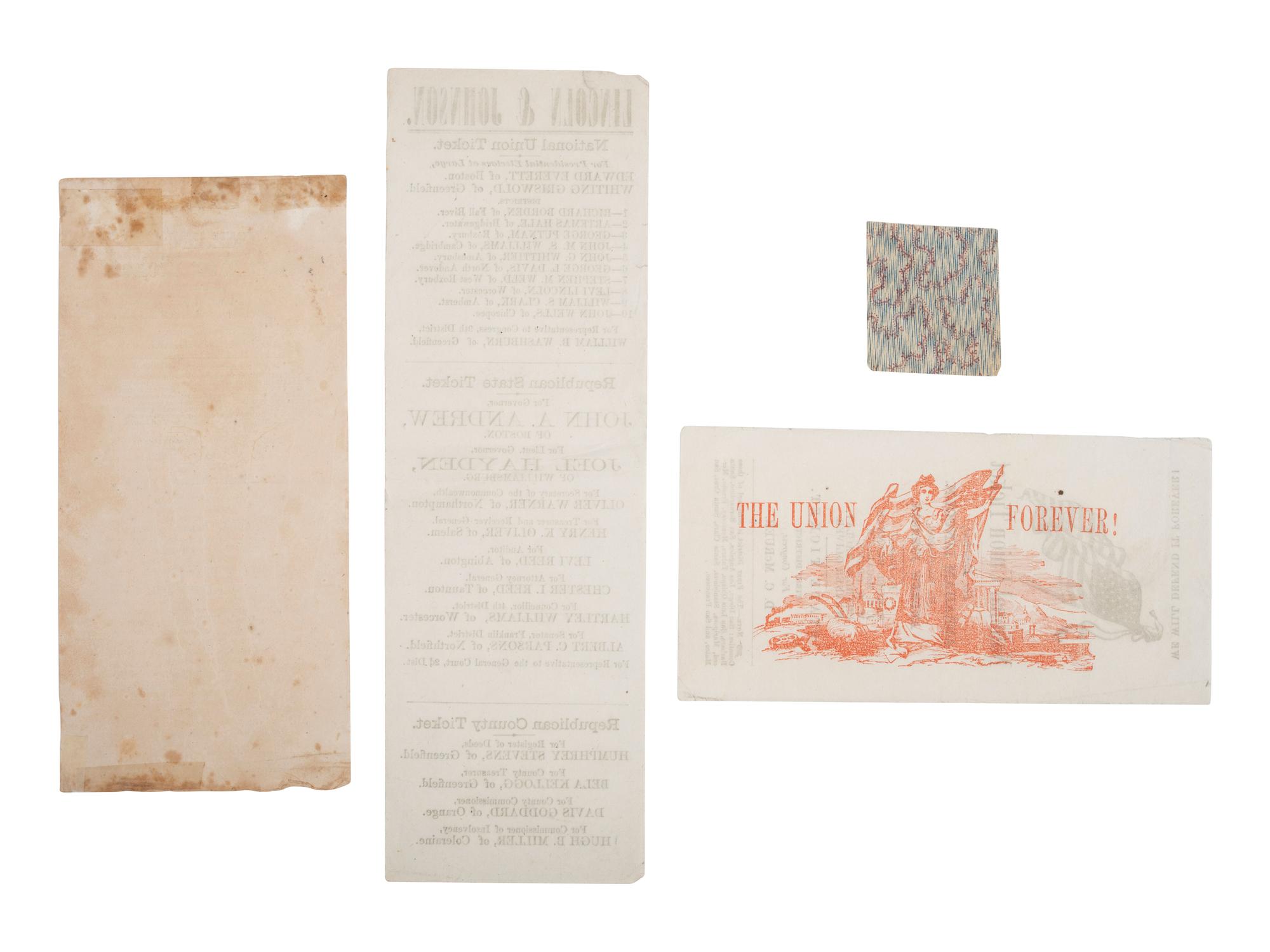 [LINCOLNIANA]. 4 items, incl. Lincoln and Johnson electoral tickets for California, Iowa, and Mass.