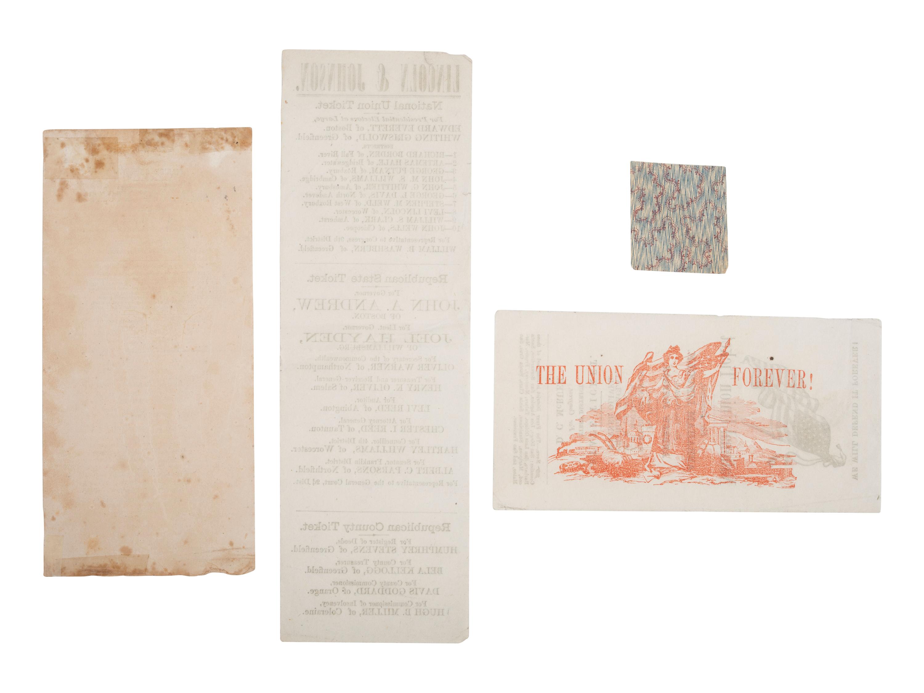 [LINCOLNIANA]. 4 items, incl. Lincoln and Johnson electoral tickets for California, Iowa, and Mass.