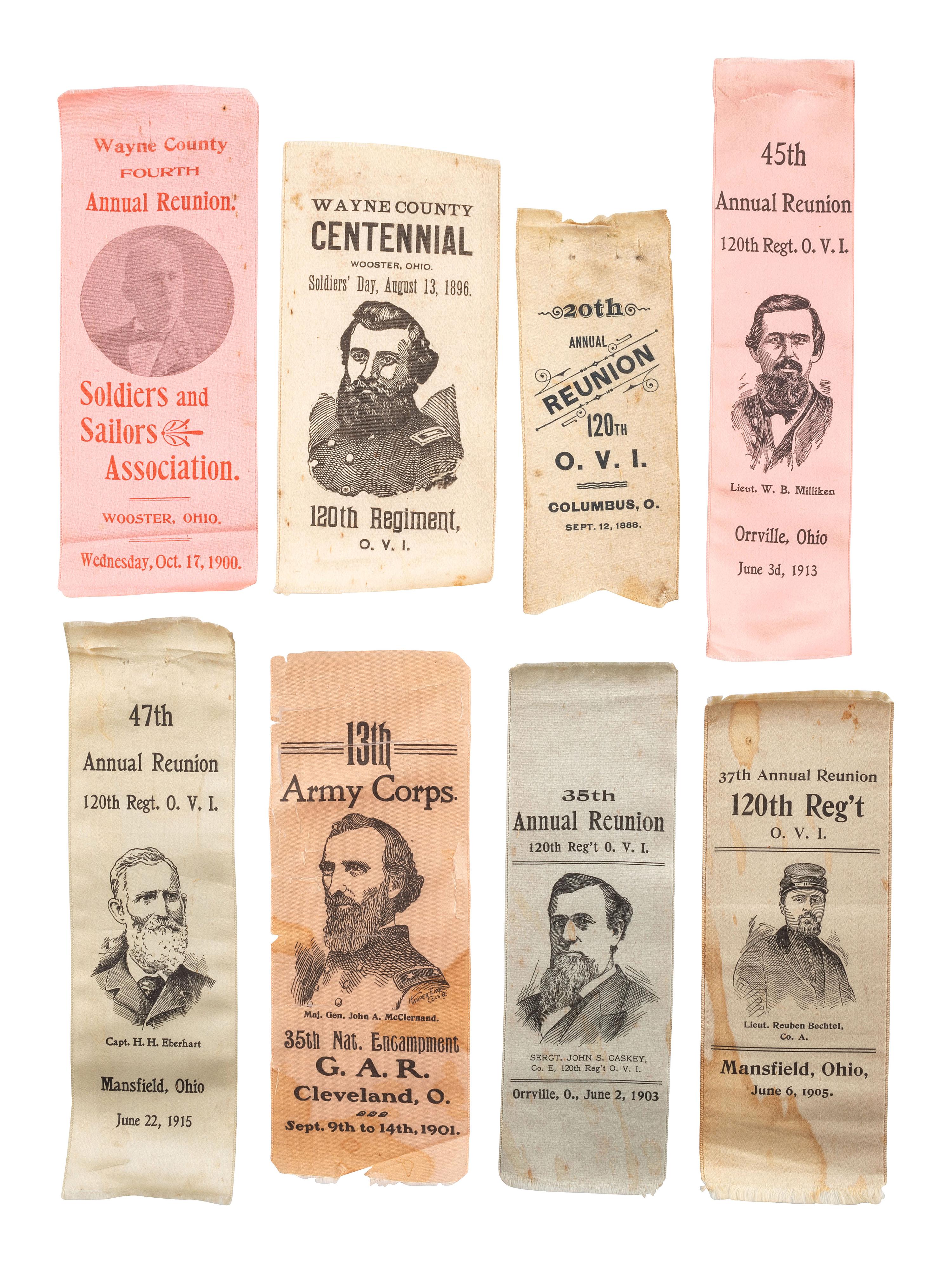 [CIVIL WAR]. A group of GAR ribbons, most for 120th Ohio Volunteer Infantry Reunions.