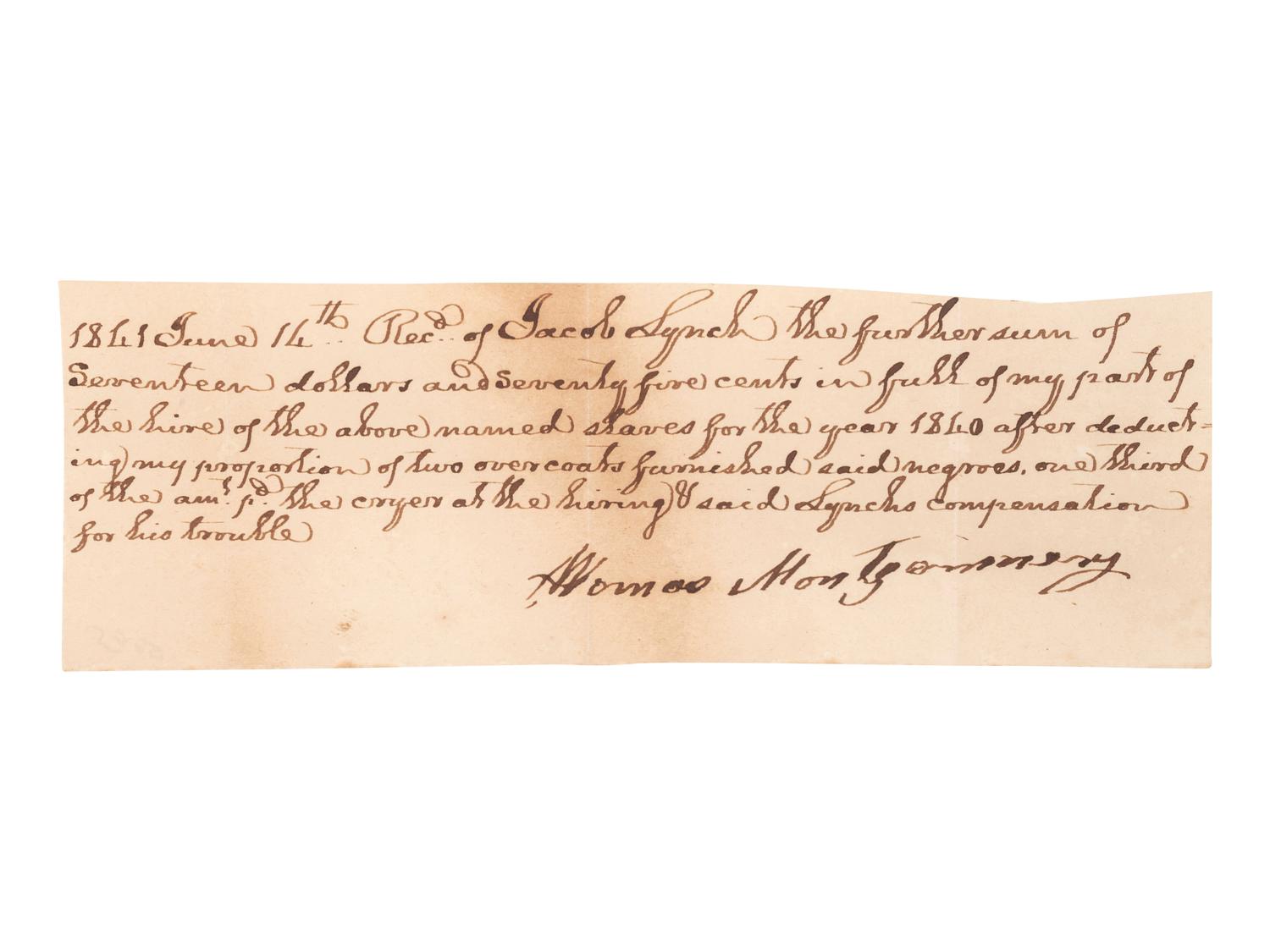 [SLAVERY & ABOLITION]. Receipt for hire of enslaved persons, 14 June 1841.
