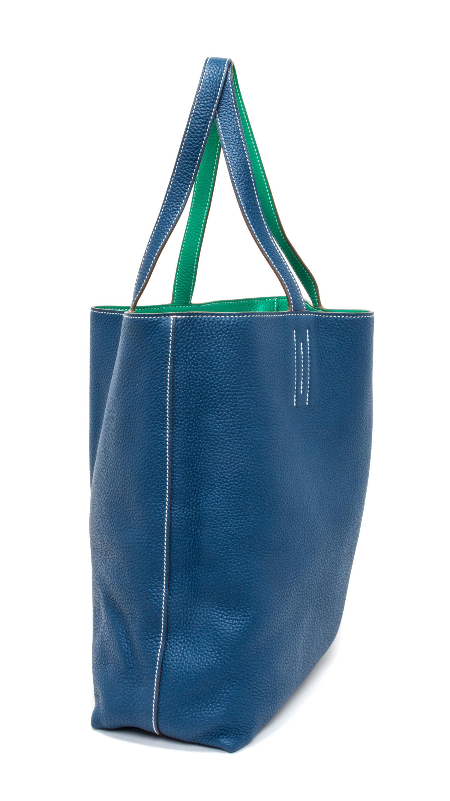 An Hermes Bleu Thalassa/Menthe 45cm Taurillon Clemence Double Sens Tote, 17.5" x 15.5" x 5".