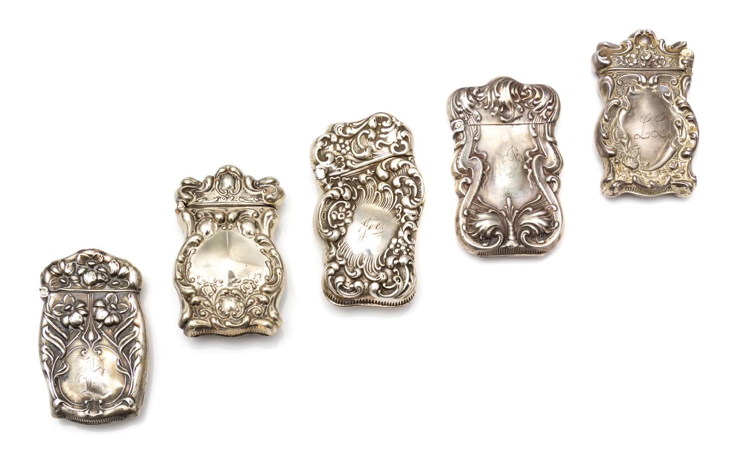 A Collection of Five American Silver Vesta Cases, Various Makers, comprising an example by Unger Brothers, Newark, NJ and four without