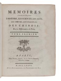 AMIOT, Joseph Marie (1718-1793), and others. Memoires concernant l’histoire, les sciences, les arts, les mœurs, les usages, &c. des chinois : par les missionaires de Pekin . Paris: Nyon, 1776-1791.