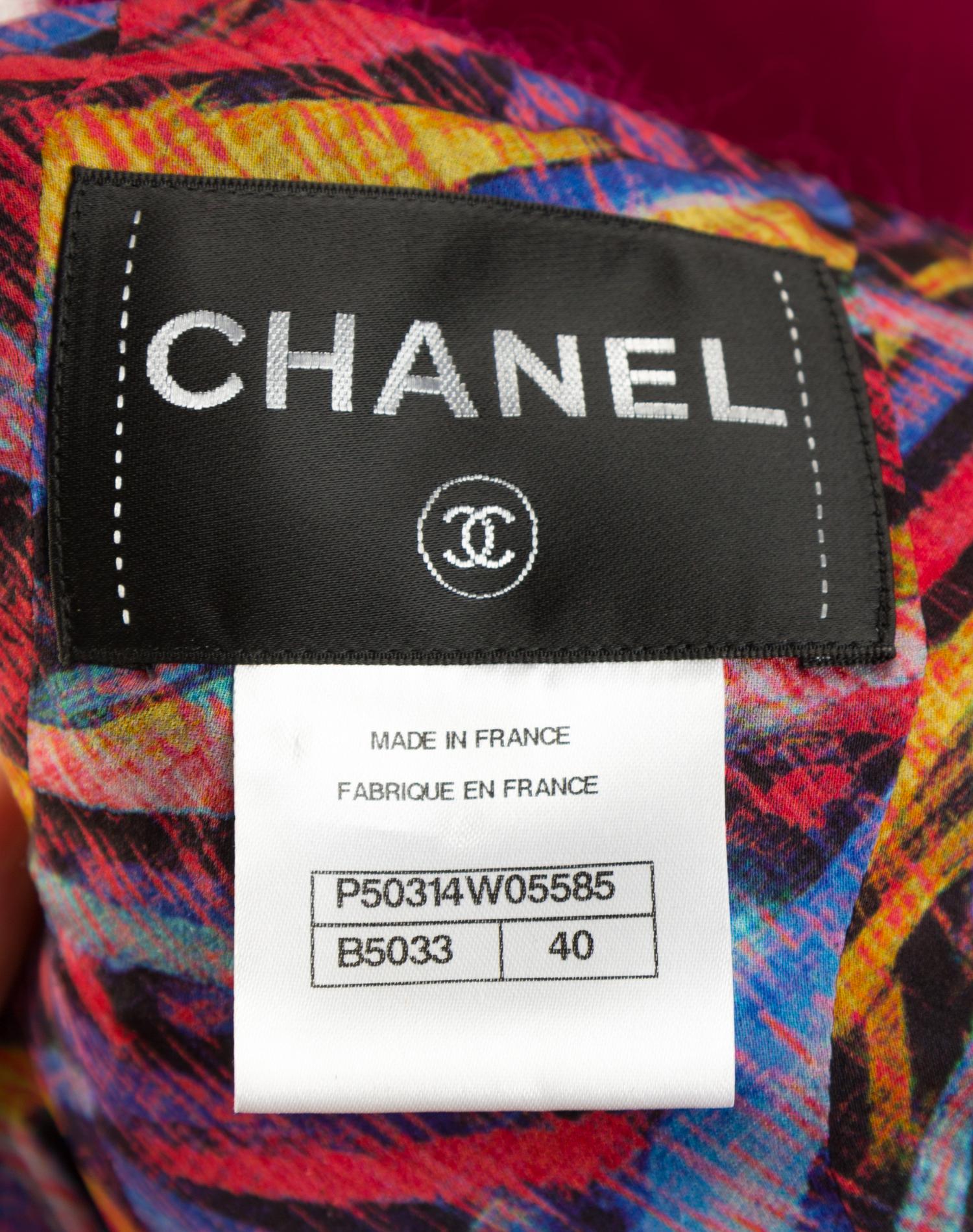 A Chanel Raspberry Wool Boucle Skirt Suit Ensemble, Size 40.
