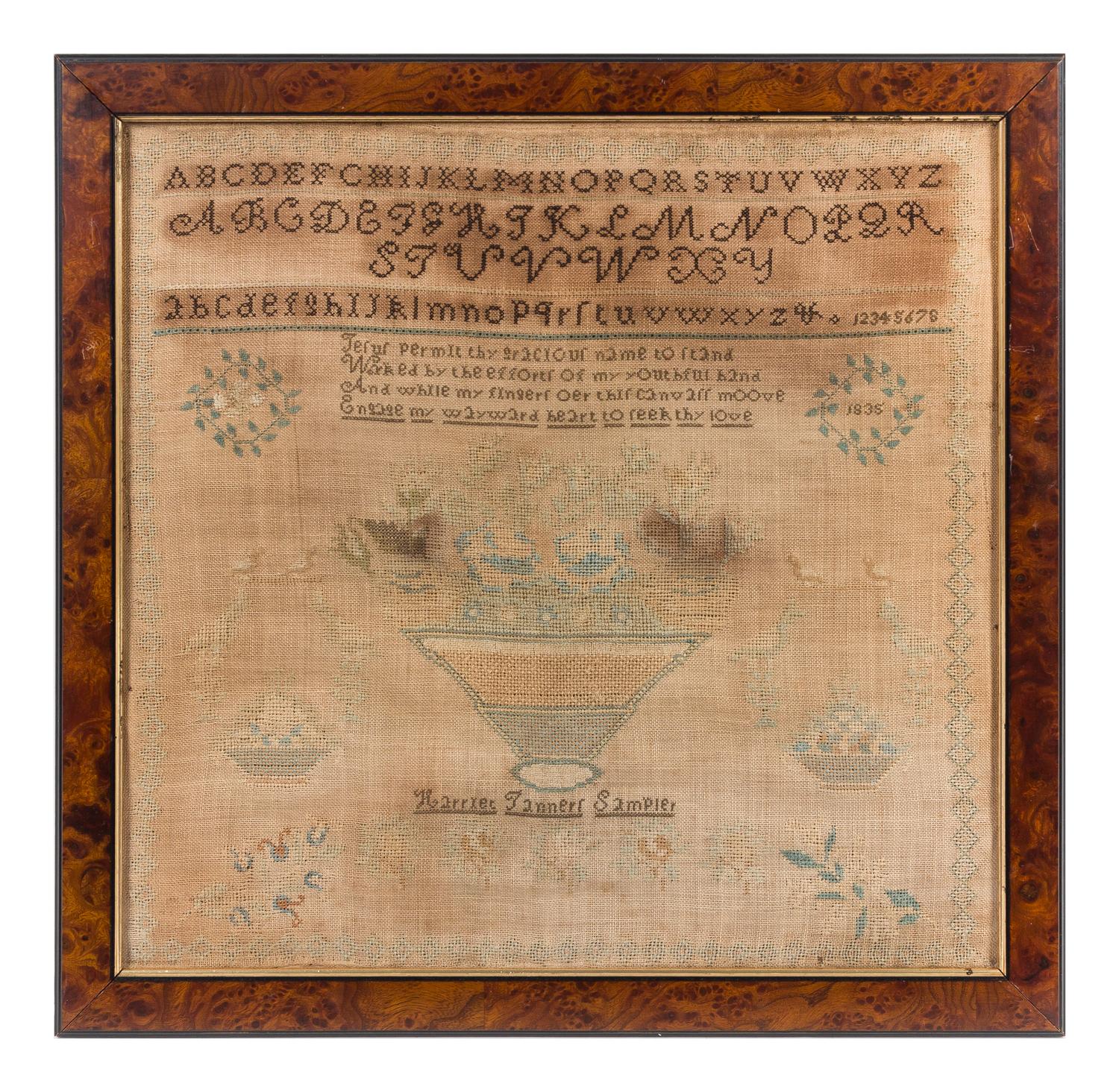 An American Needlepoint Sampler Frame: 19 1/2 x 20 1/4 inches. — HARRIET TANNER, MID-19TH CENTURY