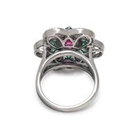 PINK TOURMALINE, EMERALD AND DIAMOND RING