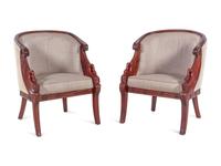 A Pair of Empire Style Carved Mahogany Swan's Neck Barrel Back Armchairs
