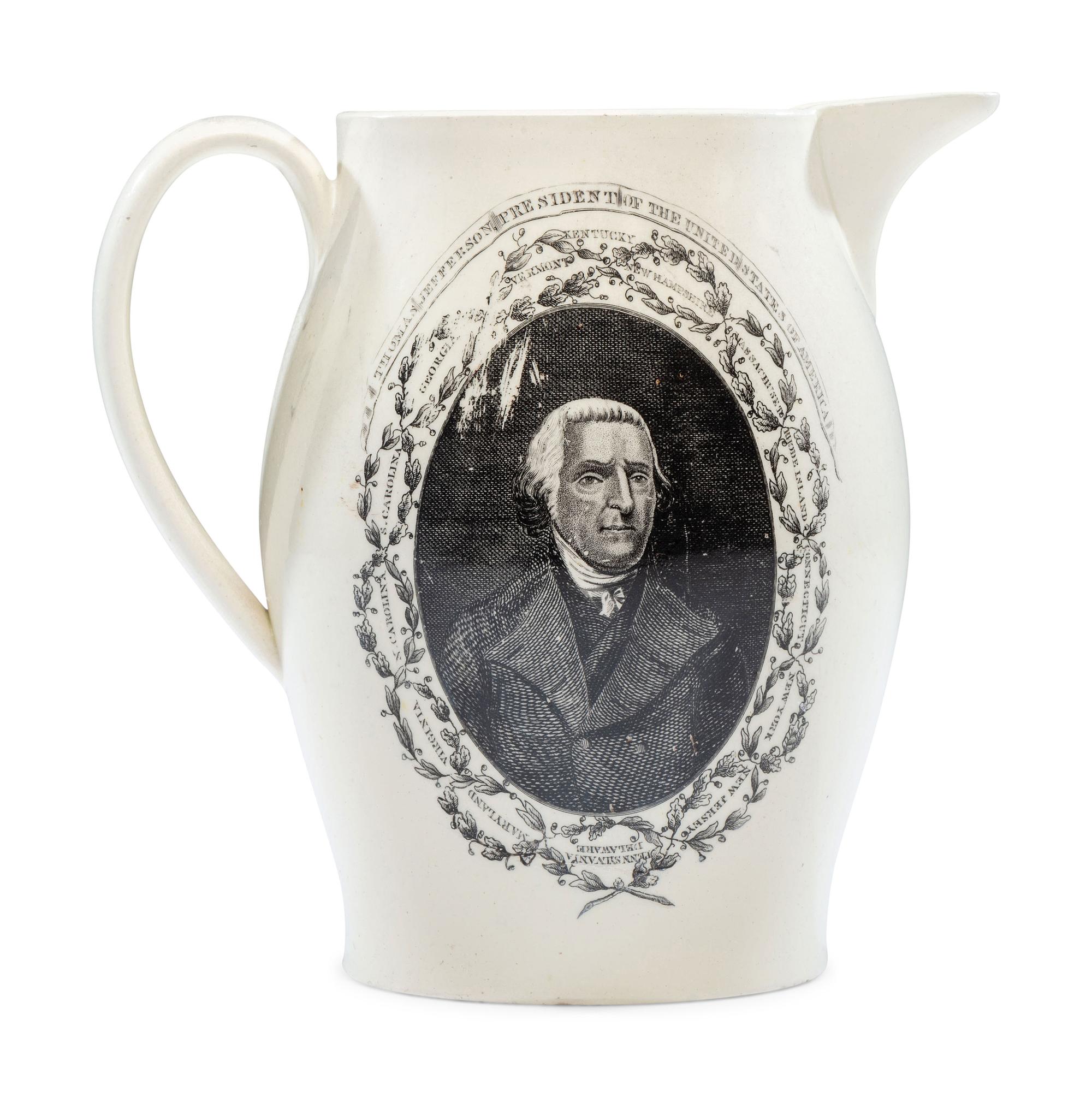 A Rare Liverpool Transfer-Printed Creamware 'Thomas Jefferson' Pitcher