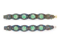 Two Chinese Jadeite Inset Enameled on Silver Bracelets