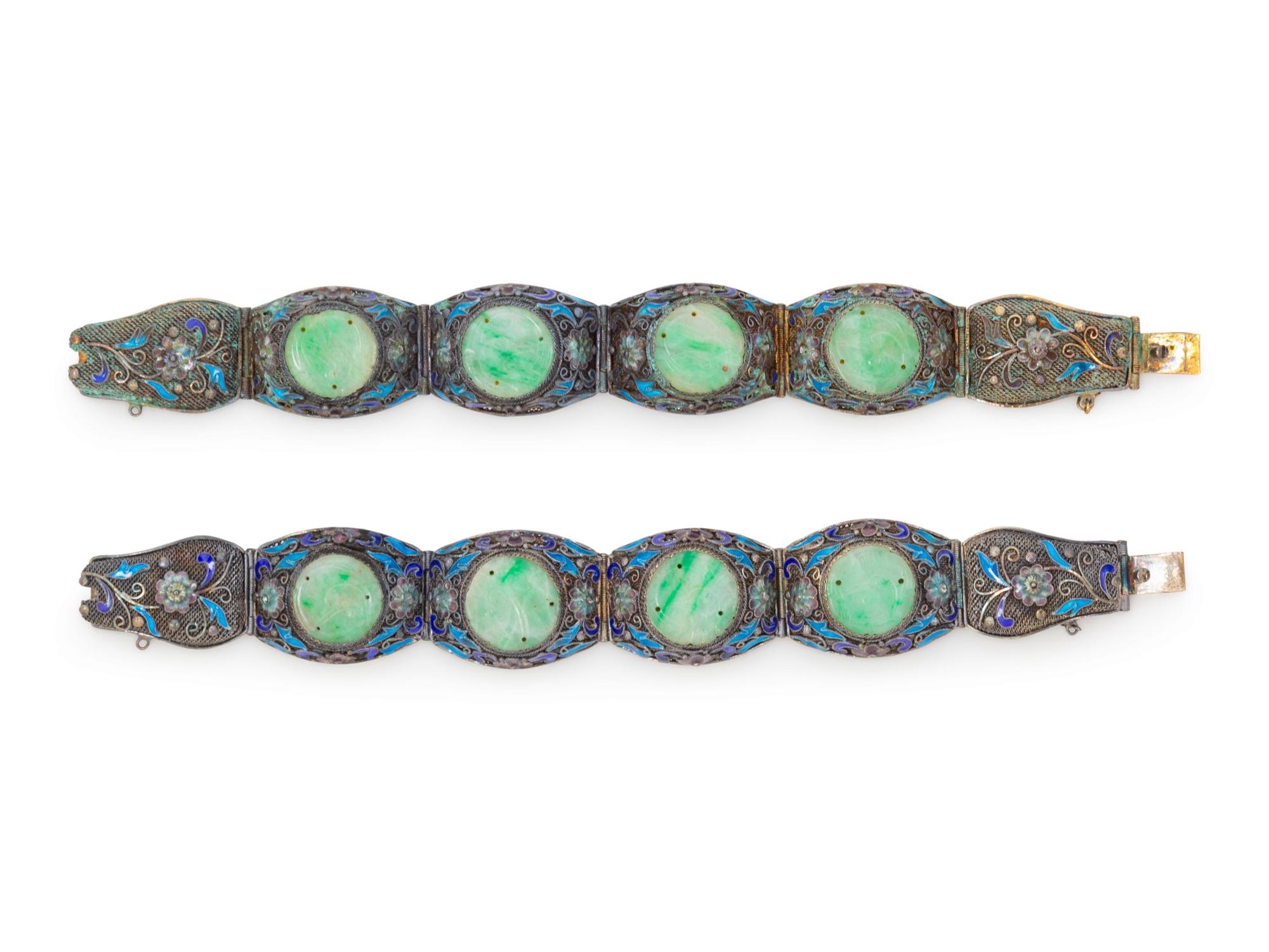 Two Chinese Jadeite Inset Enameled on Silver Bracelets