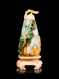 An Apple Green, Pale Celadon, and Russet Jadeite Melon-Form Snuff Bottle