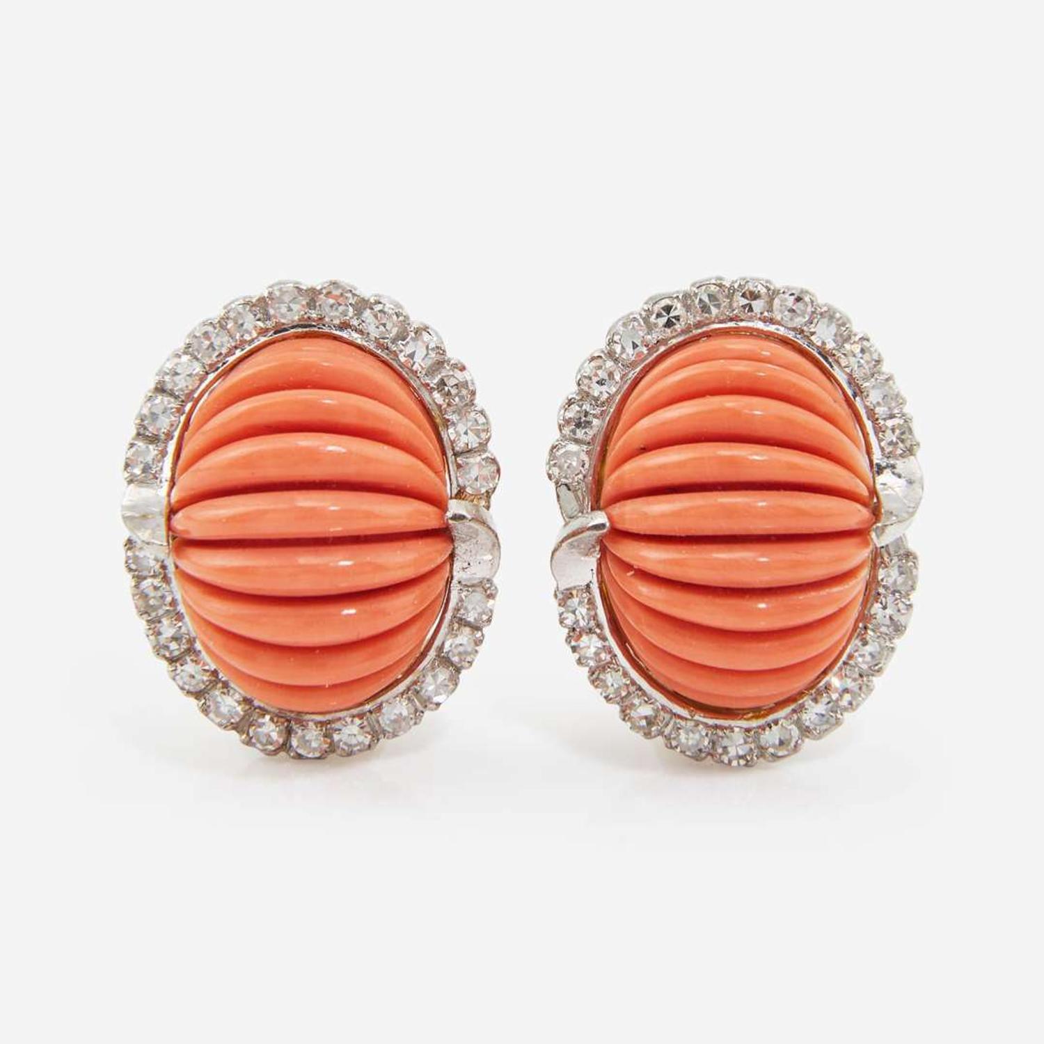 A Pair of 18K White Gold, Coral, and Diamond Ear Clips
