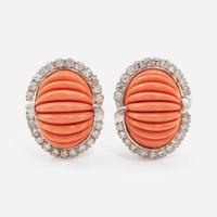 A Pair of 18K White Gold, Coral, and Diamond Ear Clips
