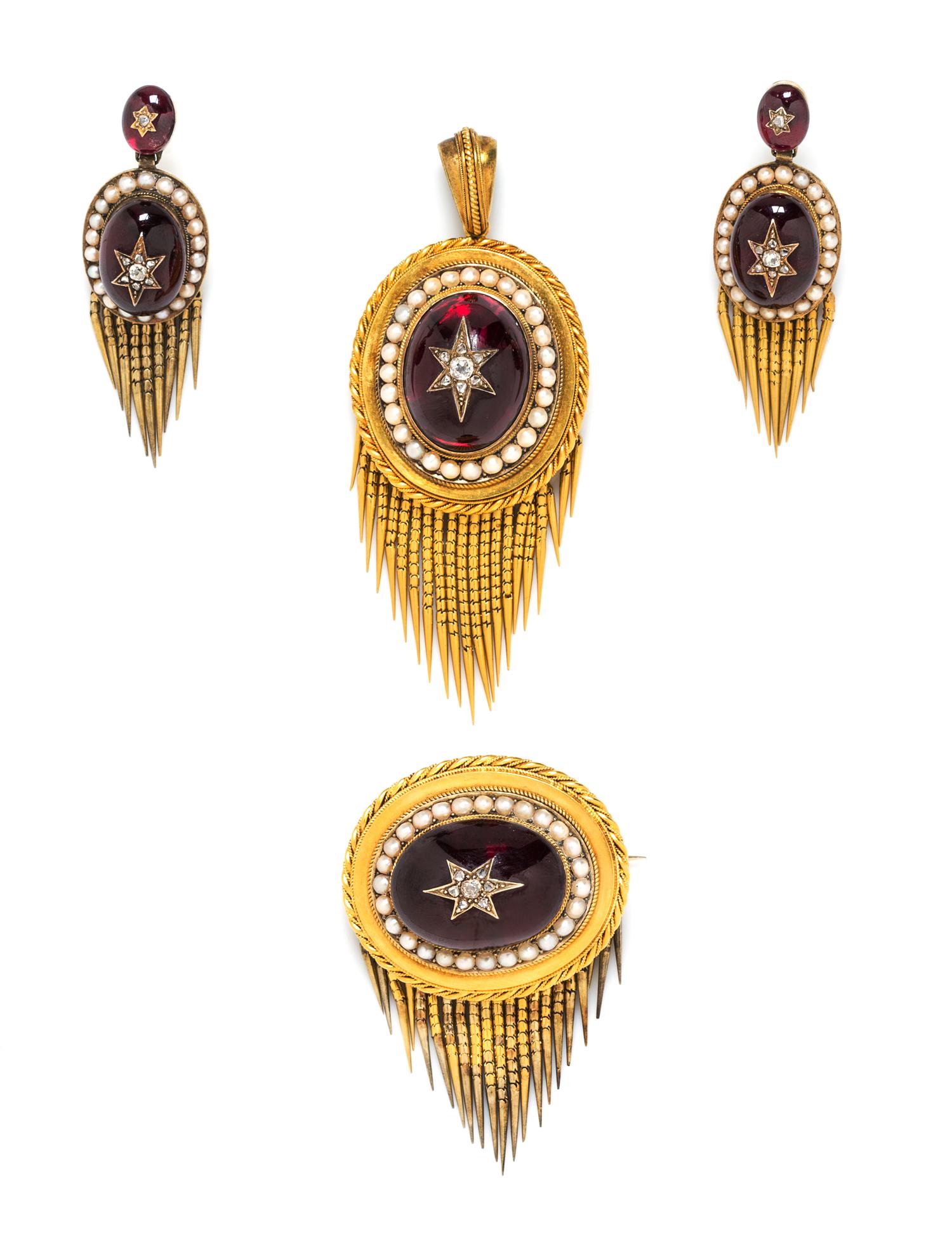 A Victorian Yellow Gold, Garnet, Pearl and Diamond Demi Parure, 45.70 dwts.