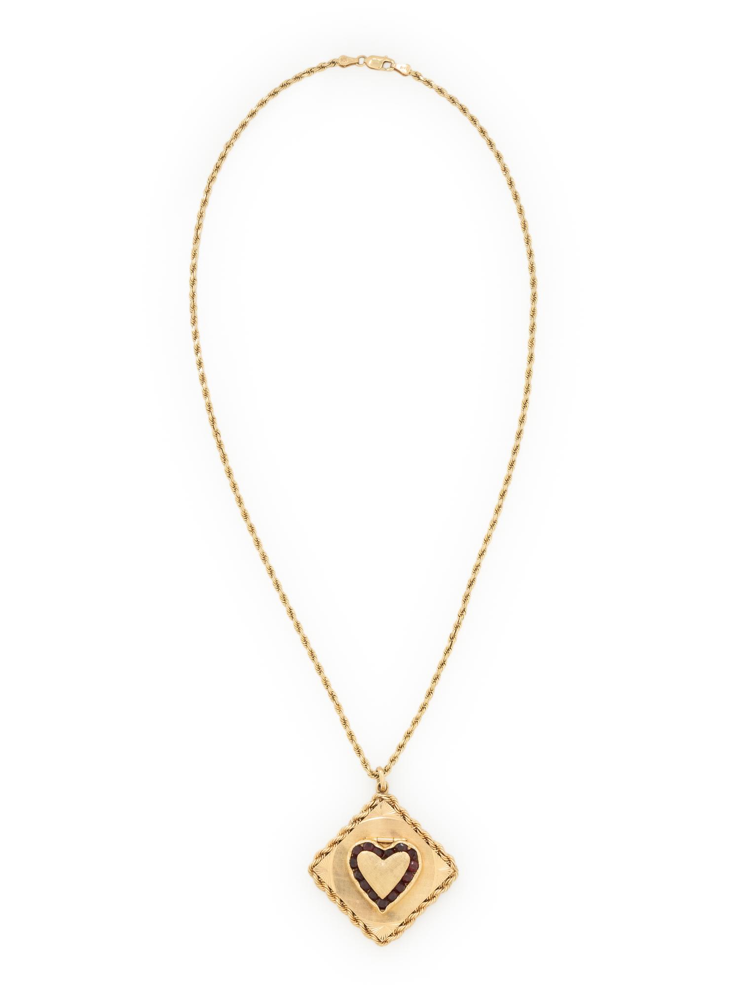 YELLOW GOLD AND GARNET HEART LOCKET NECKLACE