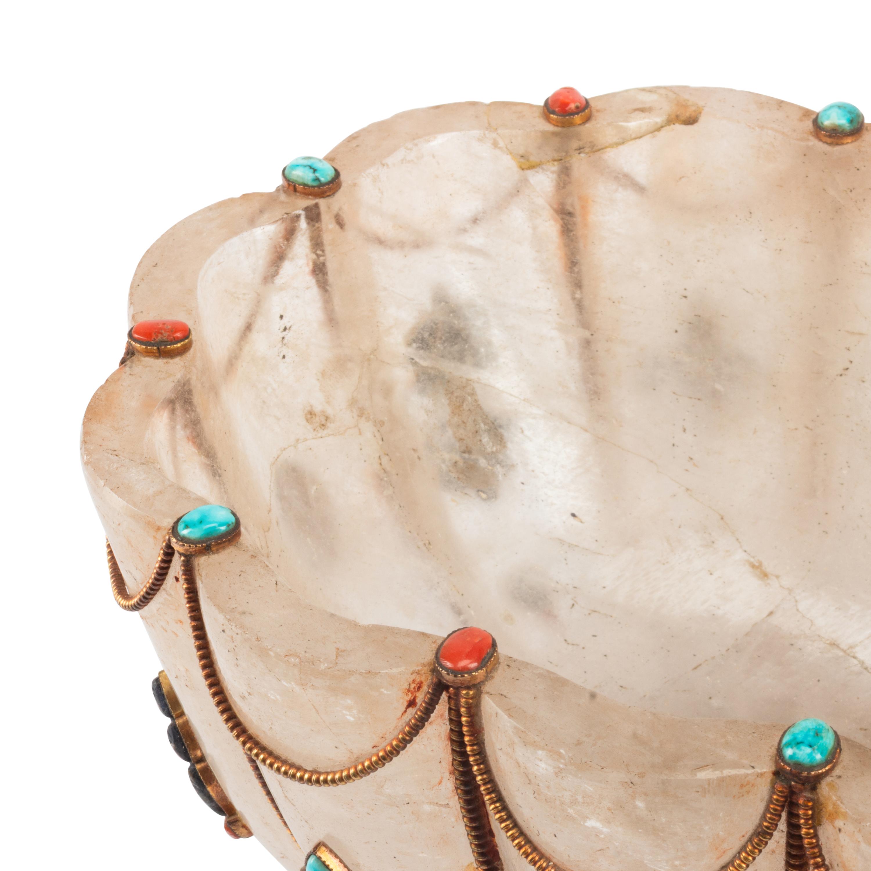 A Large Fluted Rock Crystal and Jewel-Mounted Bowl