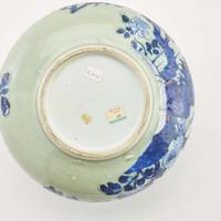 A Chinese blue and white-decorated celadon-ground porcelain ogee censer 青花瓷香炉 Qing dynasty ?
