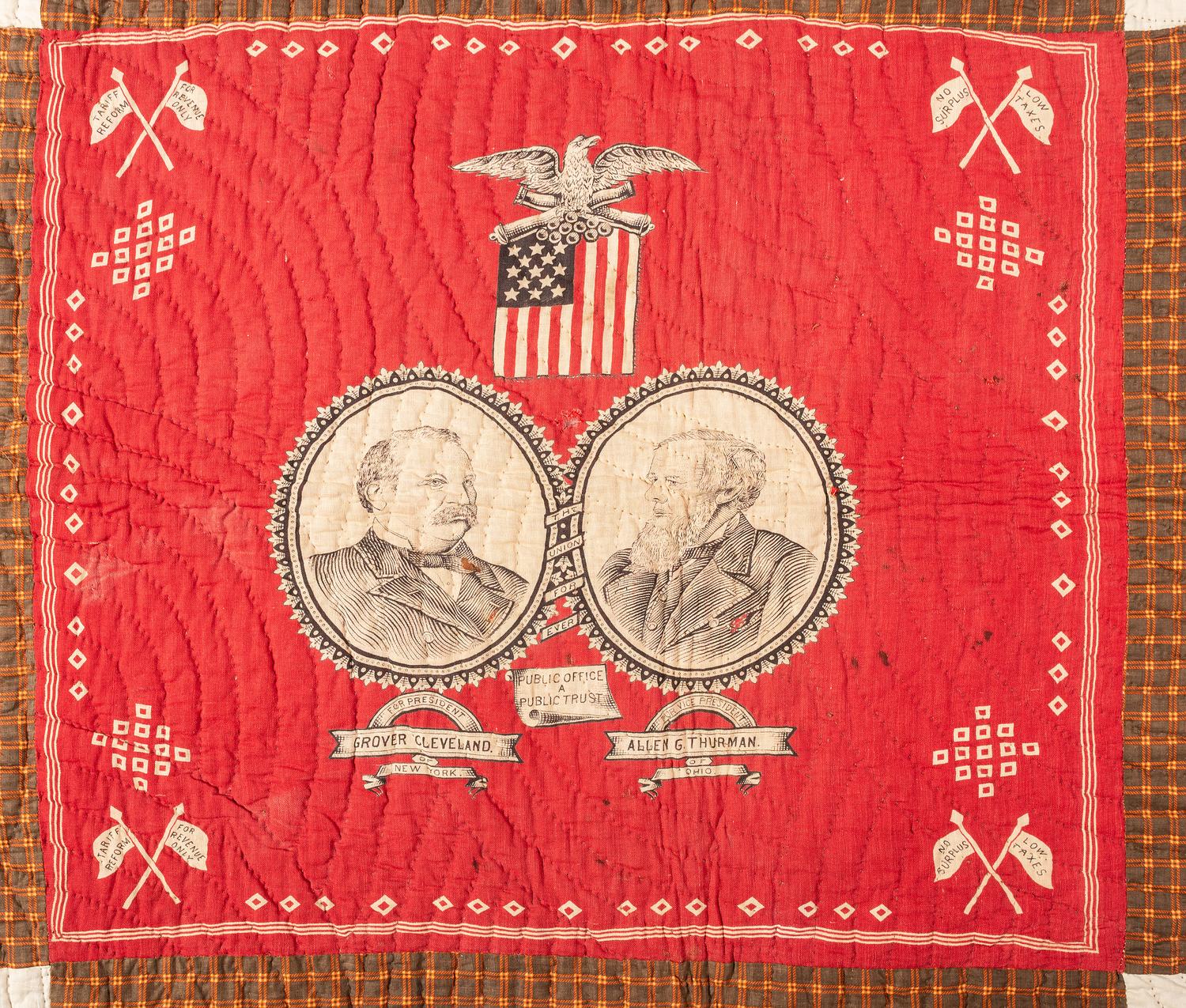 [POLITICS]. Quilt featuring Grover Cleveland and Allen G. Thurman 1888 presidential campaign textile.
