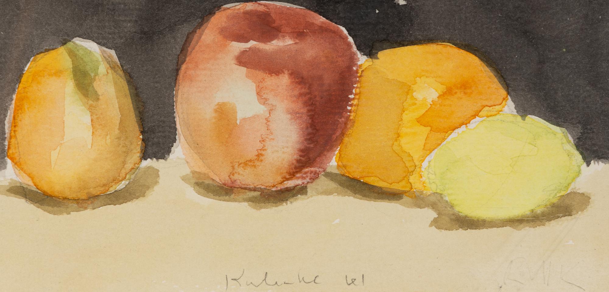 Fruit with Black Background and Green Pear and Red Apple (Two Works), 1961