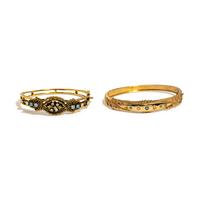 VICTORIAN, PAIR OF YELLOW GOLD AND MULTIGEM BANGLE BRACELETS