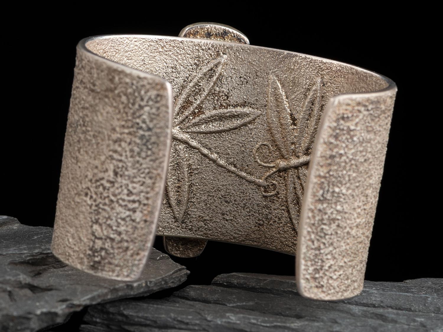 Tufa Cast Sterling Silver, Turquoise, and Coral Figural Cuff Bracelet