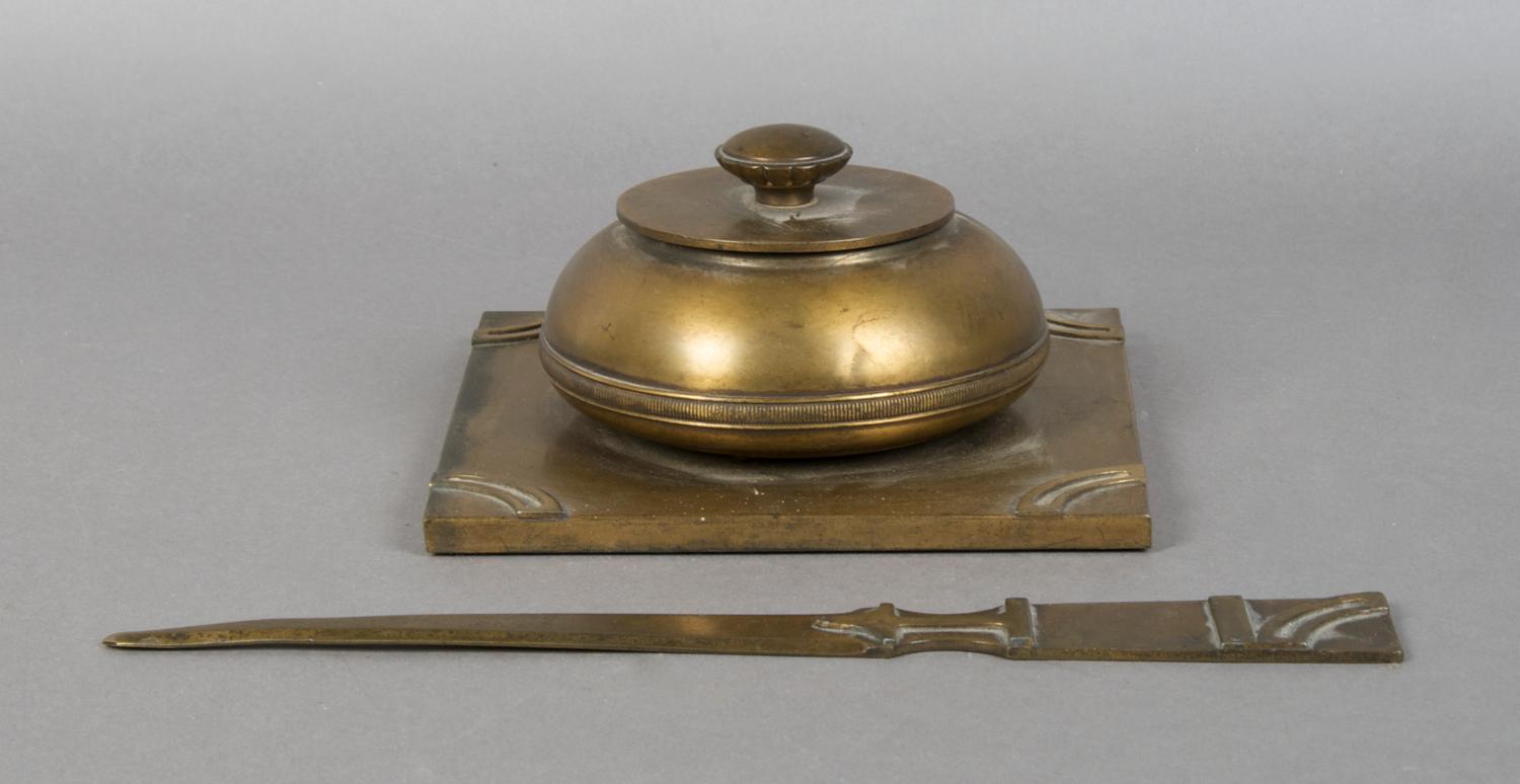 A Bronze Desk Set, Bradley and Hubbard Width of first 6 1/4 inches.