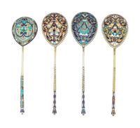 Four Russian Enameled Silver Spoons
