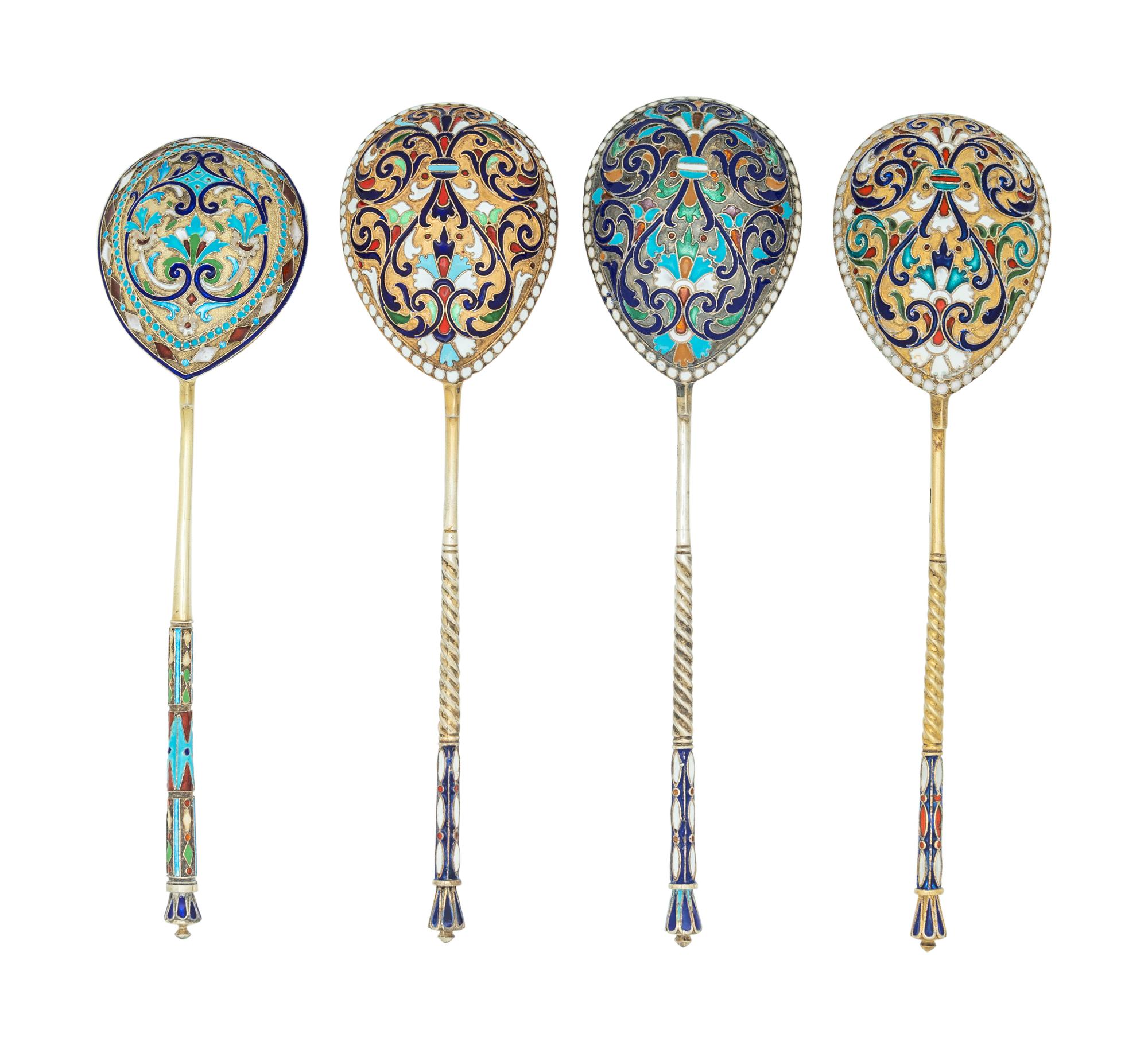 Four Russian Enameled Silver Spoons