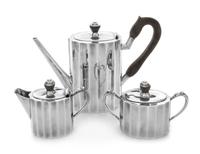 A Mexican Silver Three-Piece Tea Set, Maker's Mark R.J., Second Half 20th Century, comprising a teapot, covered sugar and a creamer, ea