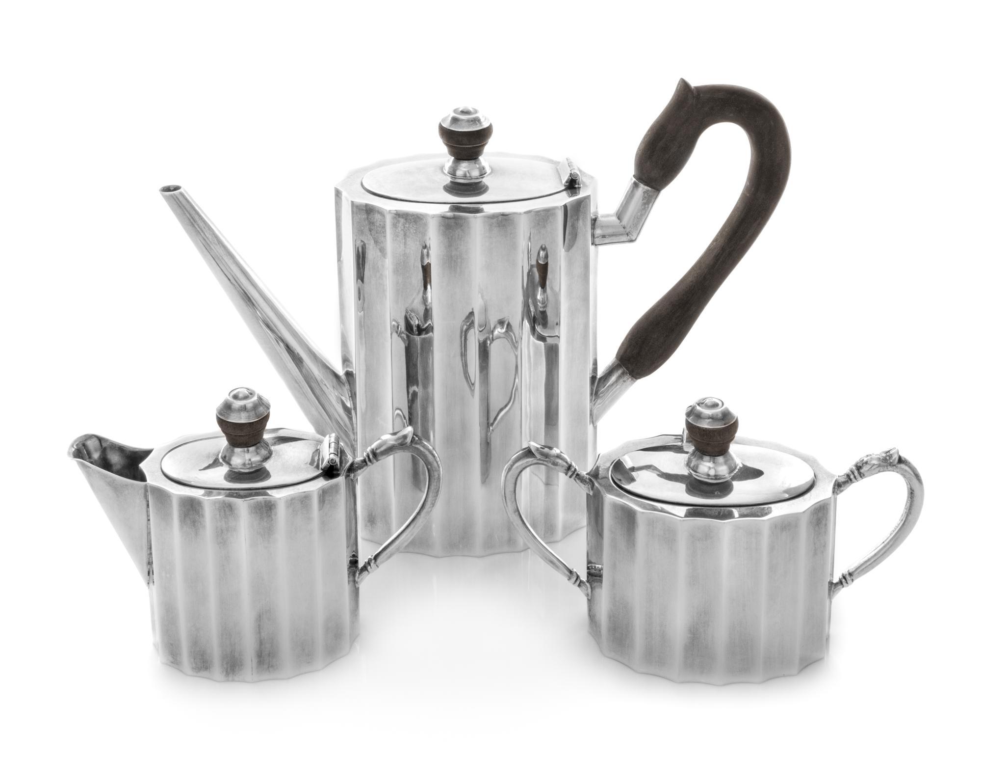 A Mexican Silver Three-Piece Tea Set, Maker's Mark R.J., Second Half 20th Century, comprising a teapot, covered sugar and a creamer, ea